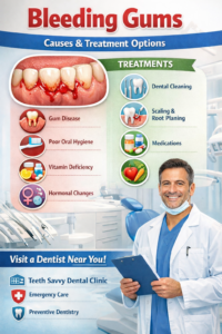 Bleeding gums causes and treatment options infographic showing gum disease symptoms and dental treatments at Teeth Savvy Dental Clinic by a dentist near Newtown Kolkata