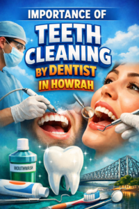 A2 poster showing importance of teeth cleaning by dentist in Howrah with visuals of professional dental scaling, clean teeth, and oral hygiene elements.