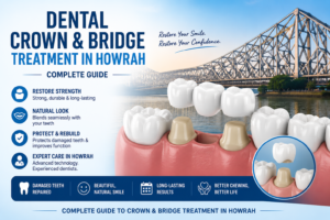Dental Crown & Bridge Treatment in Howrah showing dental crowns, bridge restoration on damaged teeth, and the Howrah Bridge in the background, illustrating a complete guide to restoring missing or damaged teeth.
